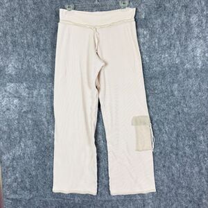 Vtg 90s Fitigues Thermal Waffle Knit Pant Wide Leg Crochet Pocket Hem Waist Sz S